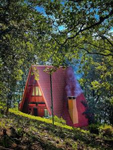 una pequeña casa roja en la cima de una colina en Zirahuen Forest and Resort en Zirahuén