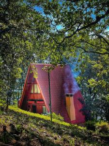 una pequeña casa roja en la cima de una colina en Zirahuen Forest and Resort, en Zirahuén