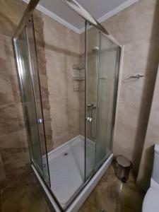 een douche met een glazen deur in een badkamer bij Родопски Рай in Pamporovo