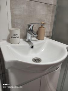- un lavabo dans la salle de bains avec une tasse et une tasse de café dans l'établissement Апартаменти центр біля озера, à Ternopil