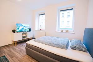 um quarto com uma cama e uma televisão e duas janelas em Ferienwohnung Maria - Gera Zentrum NEU renoviert em Gera