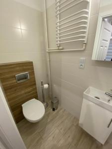 La salle de bains blanche est pourvue de toilettes et d'un lavabo. dans l'établissement Apartament White, à Olsztyn
