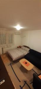 a bedroom with a bed and a table in it at Sirmijum Hause in Sremska Mitrovica