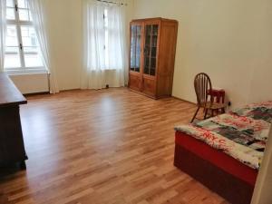 salon z drewnianą podłogą i sypialnią w obiekcie Apartment in city center w Karlowych Warach