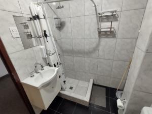 y baño pequeño con lavabo y ducha. en Los Nardos Duplex en San Salvador de Jujuy