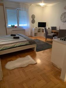 札格雷布的住宿－Šarmantni apartman Malecka 2，一间卧室设有一张床和一间客厅。