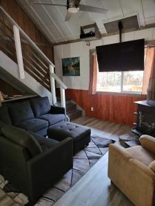a living room with a couch and a flat screen tv at Greer Point Trails End Cabins in Greer