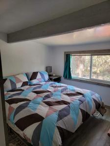 1 dormitorio con 1 cama y ventana grande en Greer Point Trails End Cabins en Greer