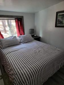 a bedroom with a bed with a striped blanket and a window at Greer Point Trails End Cabins in Greer