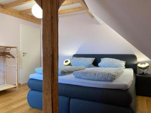 een kamer met een blauwe bank met kussens erop bij Saarburg Wine Apartments in Saarburg