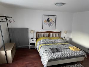 ein Schlafzimmer mit einem Bett und zwei Nachttischen und zwei Lampen in der Unterkunft Maison de campagne proche Lac de Bouzey in Chaumousey