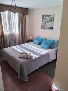 sypialnia z dużym łóżkiem z niebieskimi poduszkami w obiekcie Centrico Y Amplio Apartment w mieście Santiago