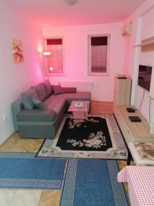 a living room with a couch and a pink wall at Dunja - Sajam in Novi Sad