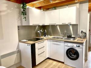een keuken met een wastafel en een wasmachine bij Cottage T3 à 5 minutes à pied de la plage in Le Pouliguen