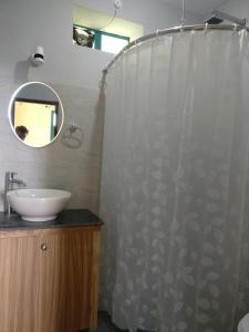ein Bad mit einem Duschvorhang und einem Waschbecken in der Unterkunft White Rabbit Guest House in Dharamshala