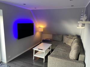 sala de estar con sofá y TV en Sonnentraum in bester Lage, en Fehmarn