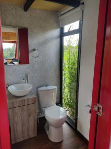a bathroom with a toilet and a sink at Quyé Tiny House in Tenjo