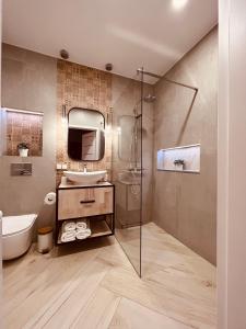 uma casa de banho com um chuveiro, um lavatório e um espelho. em Sunset Apart em Jelenia Góra