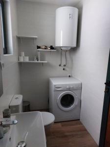uma casa de banho com uma máquina de lavar roupa e um WC em House For Rest VIN em Kolašin