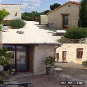 two images of a house and a patio at Gîte «Les frênes » in Marigny