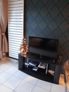 a living room with a flat screen tv on a table at Superbe appartement in Saint-Quay-Portrieux