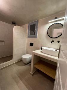 a bathroom with a sink and a toilet and a mirror at Ampelos Executive Houses in Pirgos