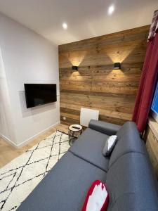 sala de estar con sofá y TV en Charmant 2 pièces cosy au cœur de Saint-Gervais en Saint-Gervais-les-Bains