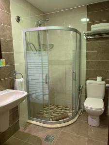 y baño con ducha, aseo y lavamanos. en Ream Hotel Amman, en Amán