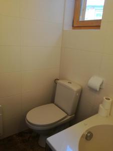 ein Badezimmer mit Toilette und Waschbecken und einem Fenster in der Unterkunft LES CHALET Kranjska Gora I in Kranjska Gora
