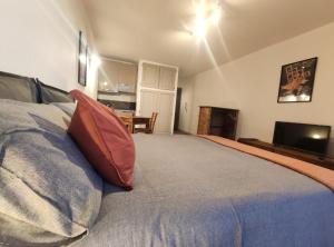 een slaapkamer met een bed met een rood kussen erop bij Studiò Pila 1800 in Pila