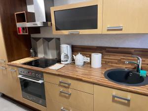 a kitchen with a sink and a microwave and a sink at Mäekalda Guesthouse Garden Villa with private sauna in Rakvere