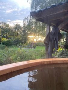 a wooden deck with a pond in a yard at Wildwestruurlo in Ruurlo