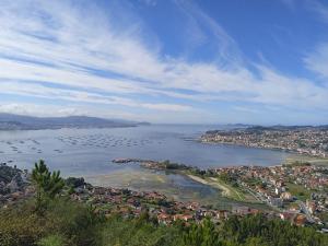 a view of a large body of water with houses and boats at Apartamento Ría de Vigo in Pontevedra
