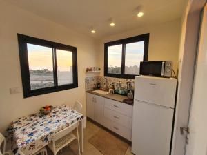 uma cozinha com um frigorífico e uma mesa com um micro-ondas em קשת לכנרת-יחידת הקרקע em Keshet
