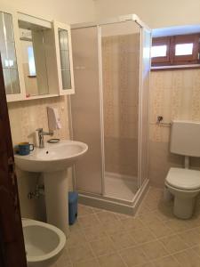 Sauze di CesanaVillamillefiori parte antica的带淋浴、水槽和马桶的浴室