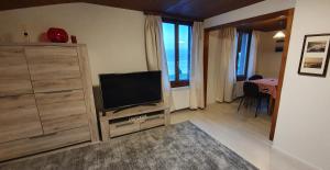 una sala de estar con TV en un tocador de madera en Hotel Rosengärtli, en Leissigen