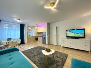 Una sala de estar con un sofá azul y un televisor. en Belmonte, en Brasov