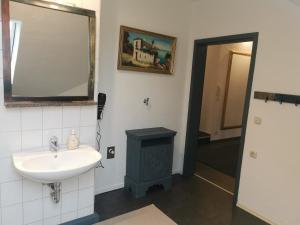 a bathroom with a sink and a mirror at Rimvydas Apartment in Winterberg
