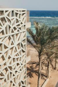 budynek na plaży z palmami i oceanem w obiekcie Dar Dahab w mieście Dahab