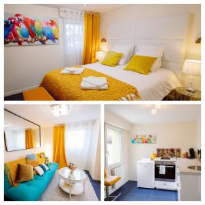 2 fotos de un dormitorio con cama en Suite-Airport-Basel en Blotzheim
