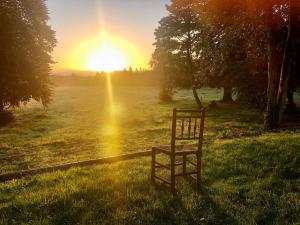 einen Stuhl im Gras mit Sonnenuntergang im Hintergrund in der Unterkunft Edmondstown House in Ballaghaderreen