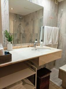 ein Badezimmer mit einem Waschbecken und einem großen Spiegel in der Unterkunft Apartamento con Terraza, Plaza América in Vigo
