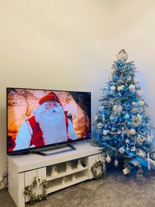 a christmas tree in a living room with a tv at Cosy Cottage in Stirling