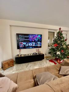 a living room with a christmas tree and a tv at Sochi Paradise in Sochi