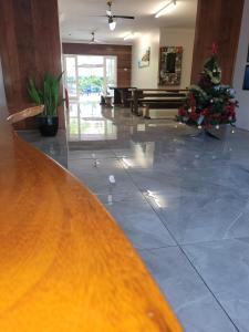 a lobby with a christmas tree on the floor at Travellers Paradise Heritage Historical Guest House in Cairns