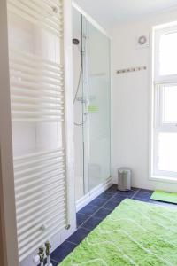 La salle de bains est pourvue d'une douche et d'un tapis vert. dans l'établissement luxe cottage knokke heist, à Knokke-Heist