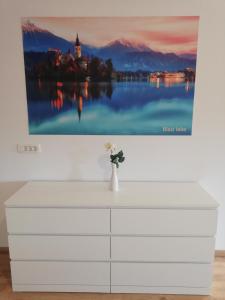 un tocador blanco con una pintura en la pared en Life Hostel Slovenia, en Radovljica