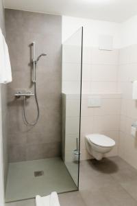 a bathroom with a shower and a toilet at Motel XL Lounge in Traisen