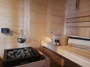 uma sauna com uma parede com painéis de madeira e um fogão em Villapampa em Lürschau