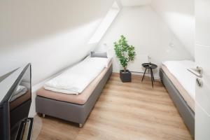 a small room with two beds and a plant at Winkelschiffchen IV mit Sauna in Juist